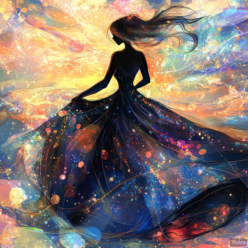 A woman with long hair and a flowing dress in a dynamic pose, set against a vibrant background of swirling colors