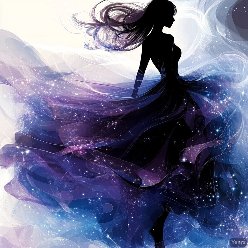 A woman in a flowing dress stands against a vibrant nebula background