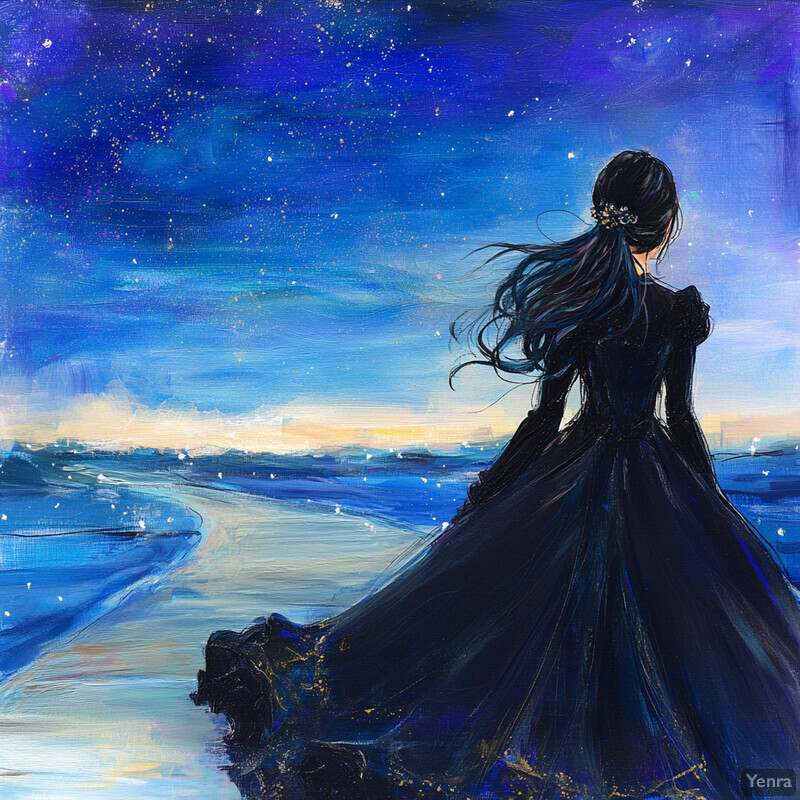 A woman in a long, dark blue dress stands on a beach under a starry night sky, gazing out towards the horizon.