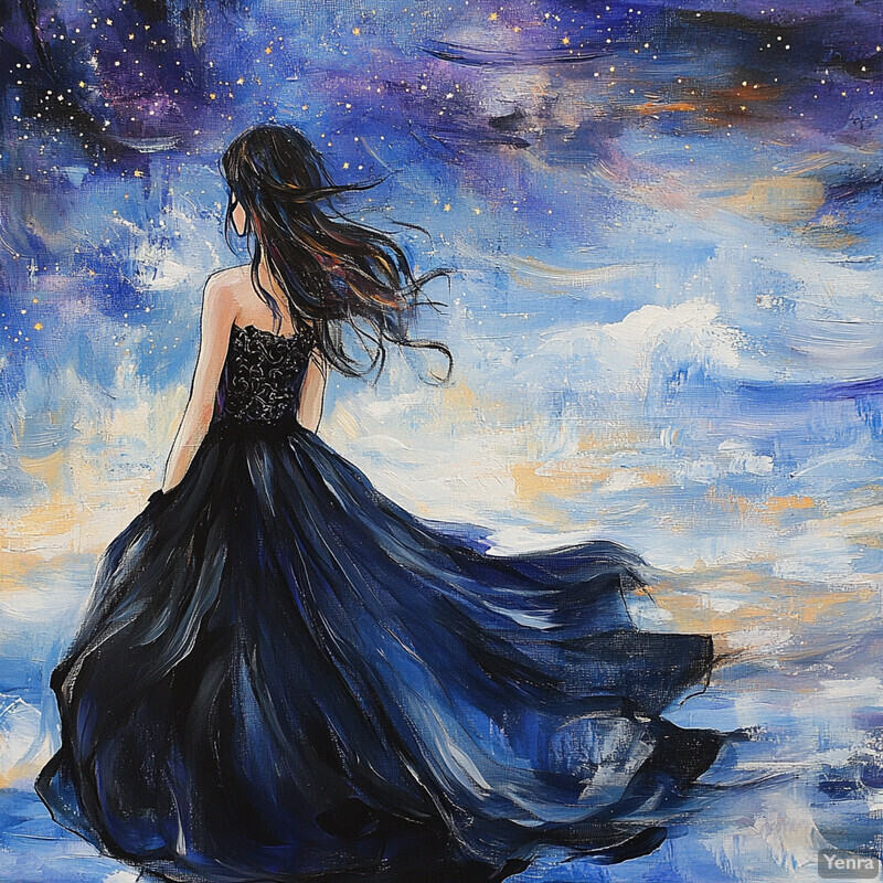 A woman in a black dress stands on a beach at night, gazing up at the stars.