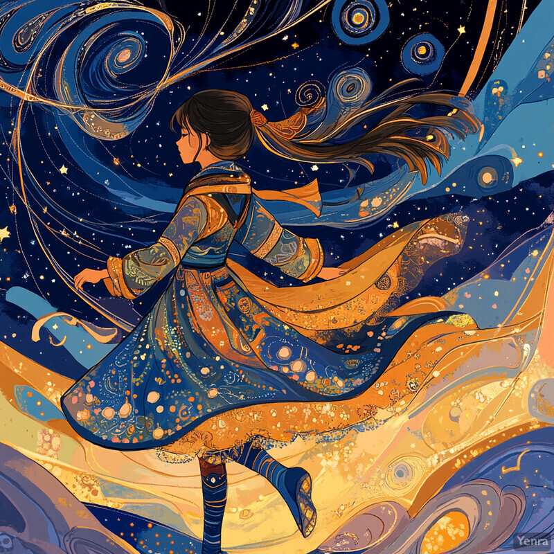 A woman with dark hair stands amidst swirling clouds of gold and blue hues, conveying a sense of dynamic motion and freedom.