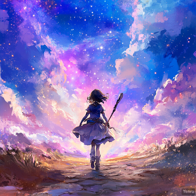 A young girl with long brown hair and a purple dress walks away from the viewer on a dirt path, carrying a staff in her right hand, set against a swirling background of pink, blue, and purple hues.