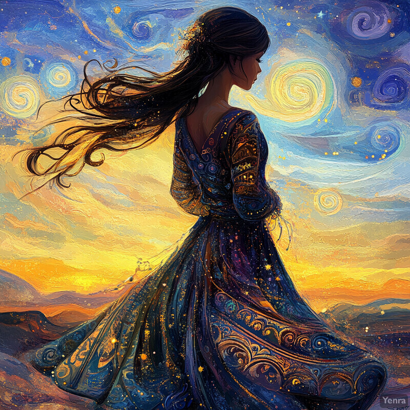 A woman in a Starry Night-inspired dress stands in profile against a sunset sky with swirling clouds.