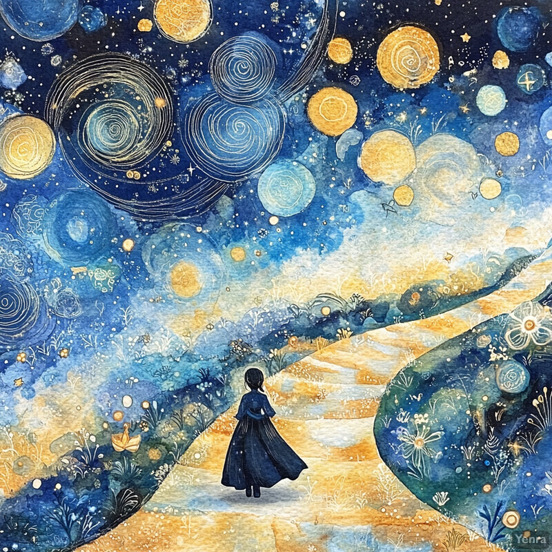 A woman stands at the edge of a starry night sky, gazing up at celestial bodies in this captivating watercolor painting.