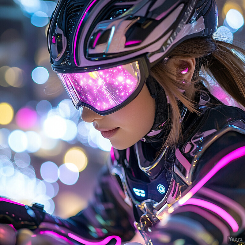 A woman wearing a futuristic outfit and helmet with pink accents