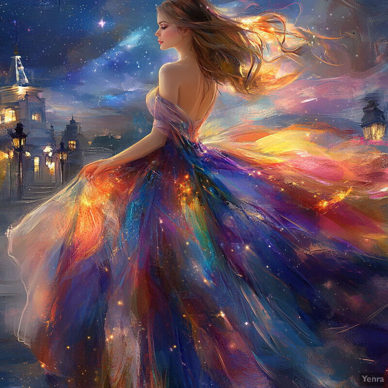 A woman in a colorful dress walks through an outdoor setting at night.