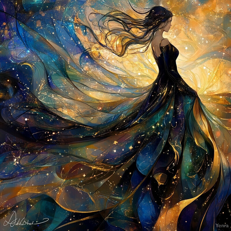 A woman with long hair and a flowing dress set against a vibrant background of swirling colors