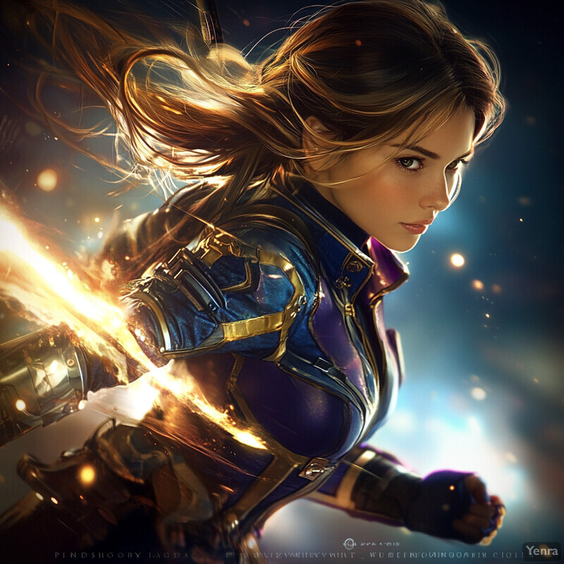 A woman in a blue and gold superhero costume with long brown hair and fair skin.