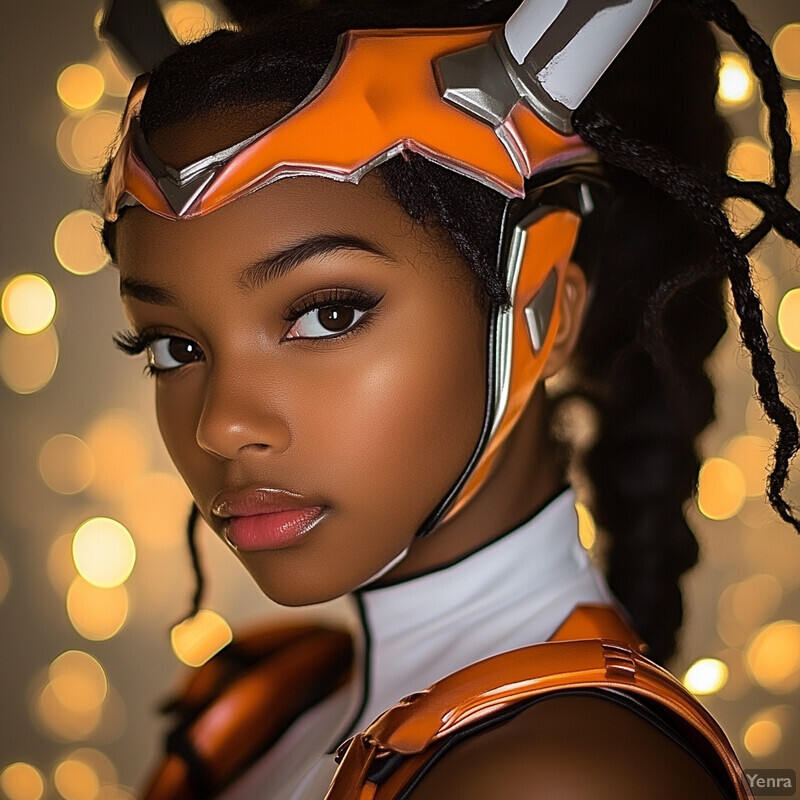 African American woman in superhero-inspired costume with orange and silver headpiece