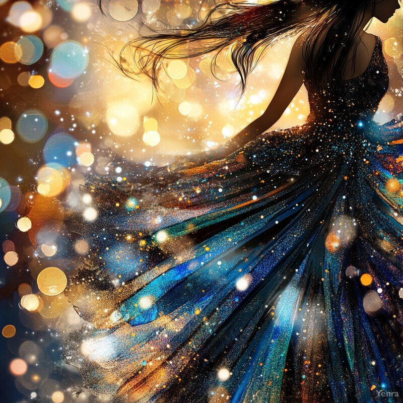 A woman in a sparkly dress dances against a vibrant background