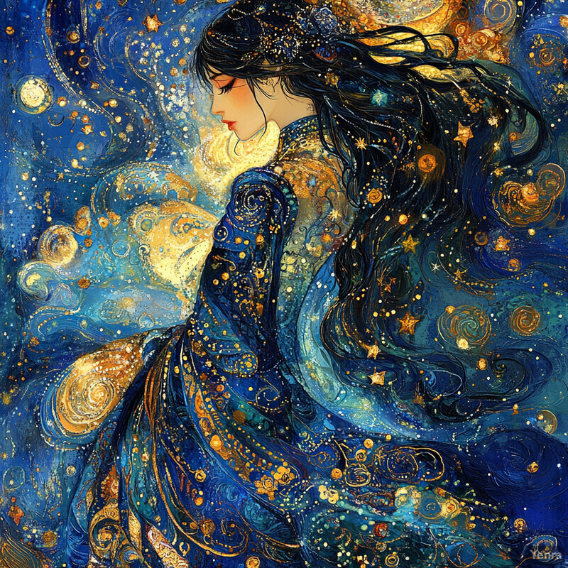 A serene woman in a blue dress with gold stars and swirls against a gray-white background