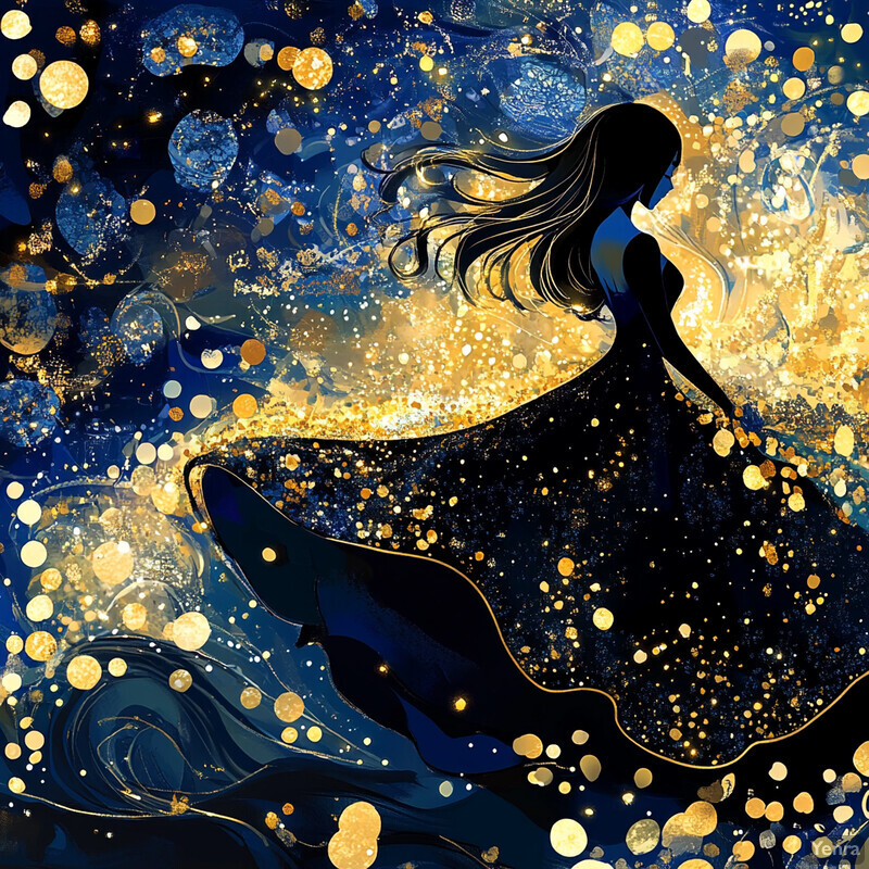 A woman in a flowing black dress with gold accents stands amidst a celestial backdrop featuring stars and planets.