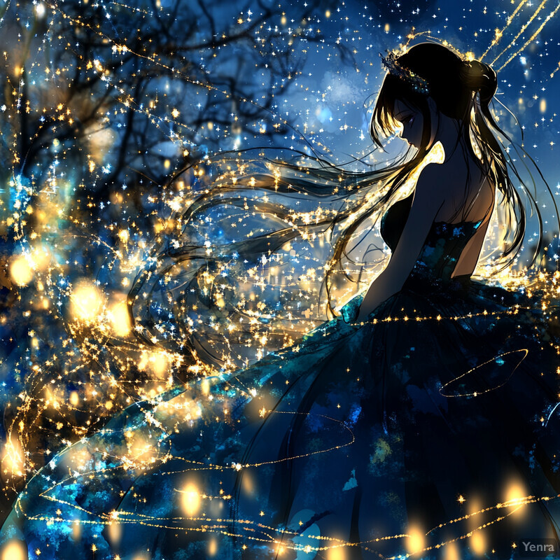 Anime-style illustration of a woman in a blue dress surrounded by sparkles and lights.