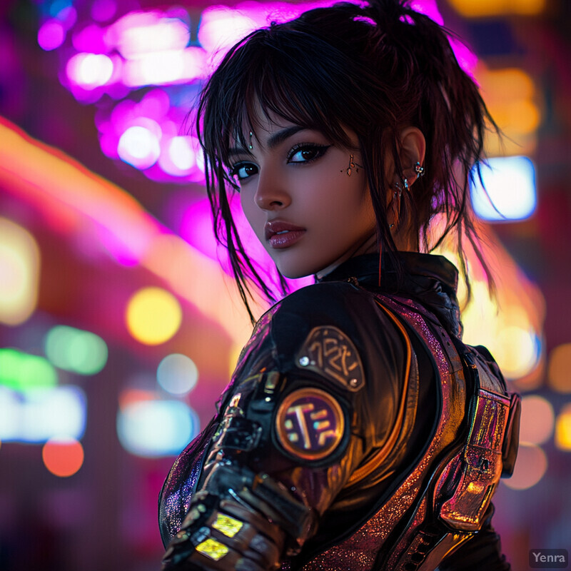 A woman in a black leather jacket with metallic accents and logos on the sleeves, posing in front of a blurred city street background at night.