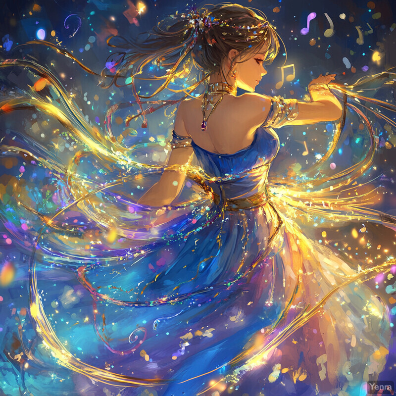 Anime-style illustration of a woman in a flowing blue dress surrounded by vibrant colors and ethereal elements