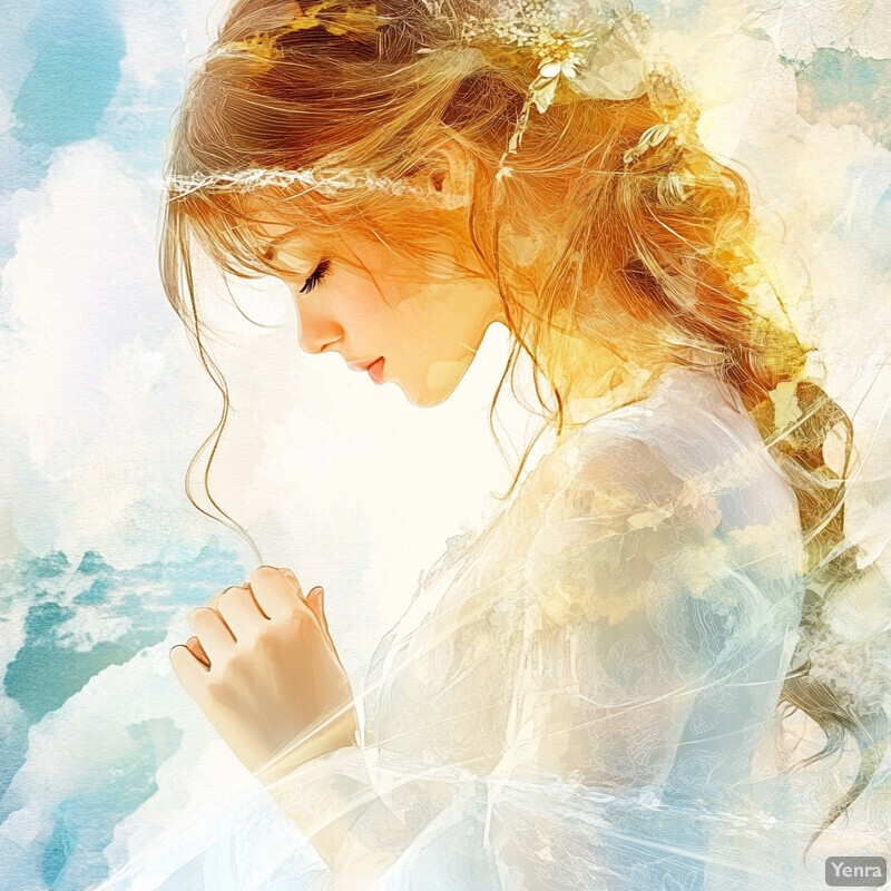 A serene and ethereal scene of a woman with long, flowing hair adorned with a floral crown, dressed in an elegant white dress, lost in thought amidst a soft, dreamy sky with puffy clouds and a body of water in the distance.