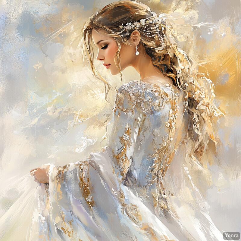 A serene and ethereal scene of a woman in a white dress with long hair adorned with flowers or vines.