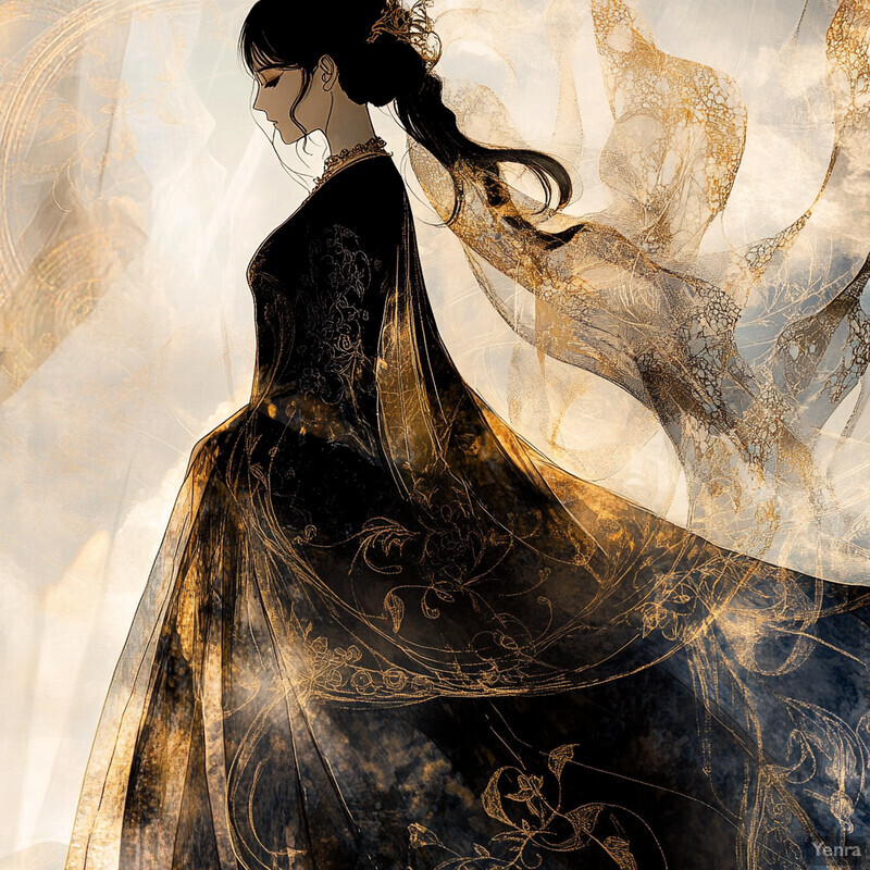 Anime-style illustration of a woman in a black dress with gold floral patterns