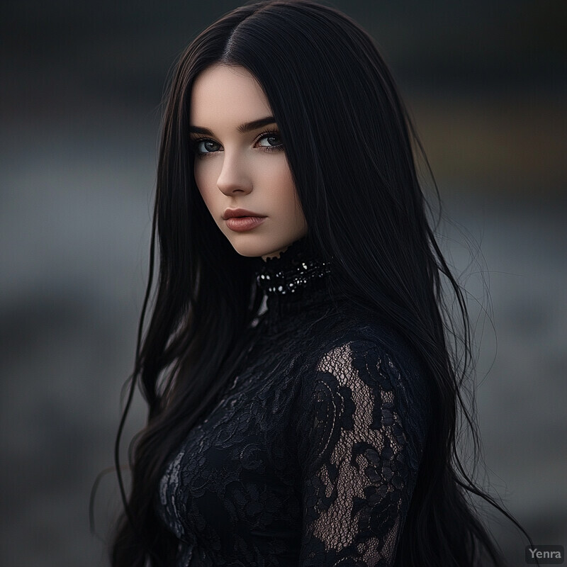 A woman with long, dark hair and fair skin poses outdoors, wearing a black lace dress.