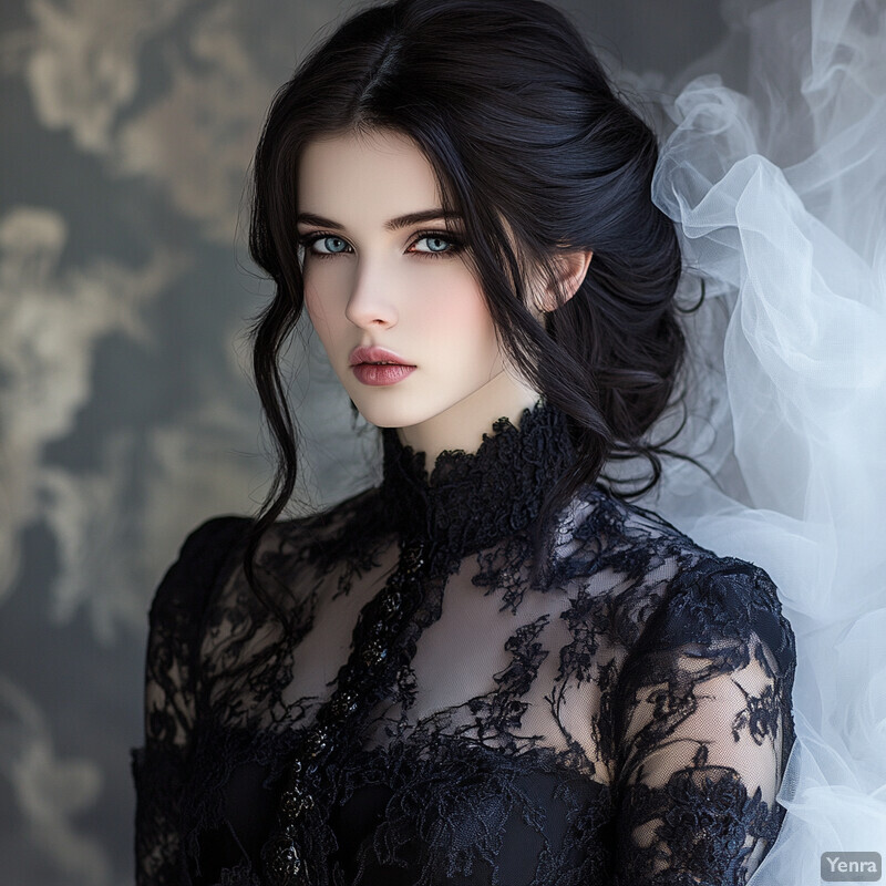 A fair-skinned woman with dark hair in an updo wears a black lace dress and veil, posing in front of a blurred room background.