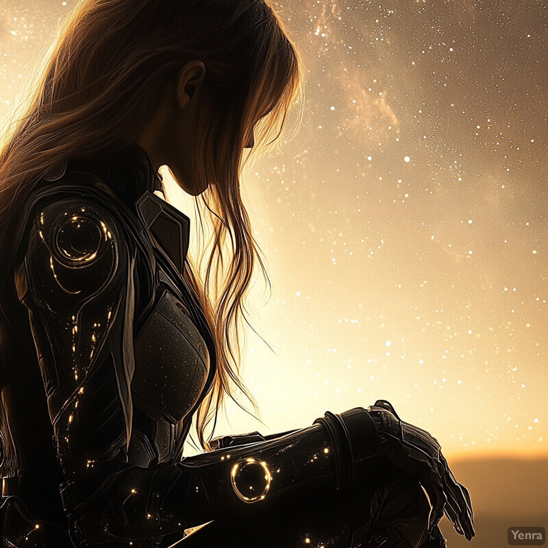 A woman with long hair and a black superhero costume stands in front of a starry sky, exuding determination and strength.