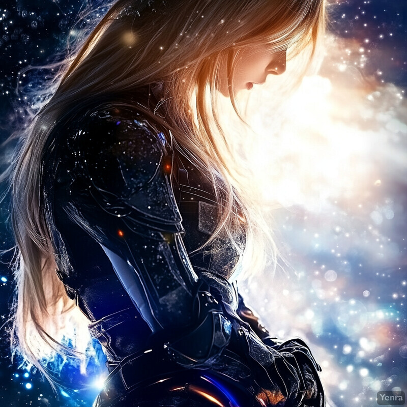 A woman with long blonde hair and a black leather jacket stands in front of a starry night sky, bathed in a warm light.