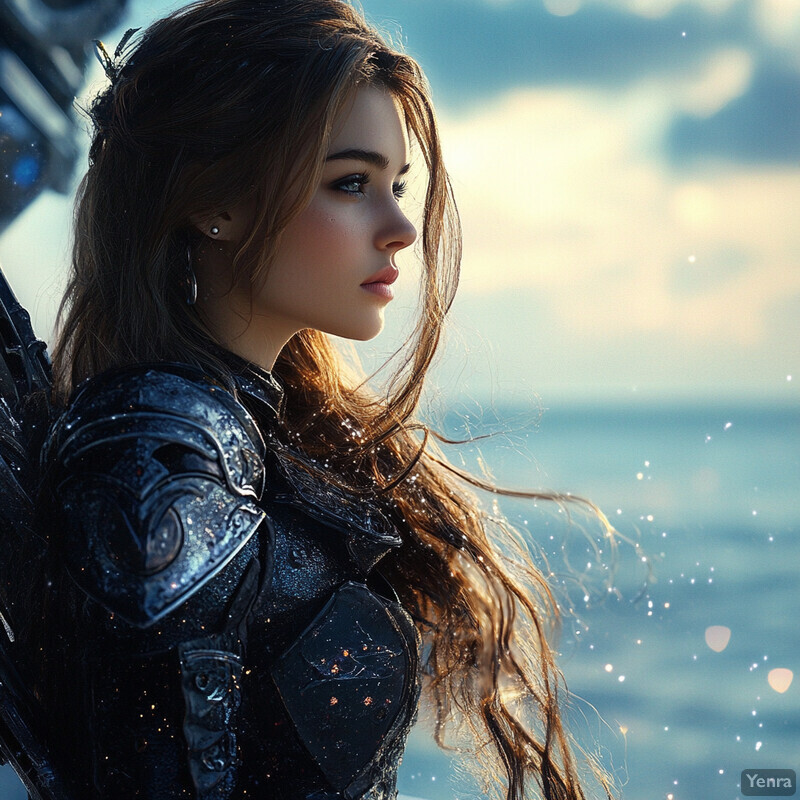 A woman with long brown hair and blue eyes wears a black leather armor suit and a flowing white cape, exuding confidence and poise as she gazes into the distance.