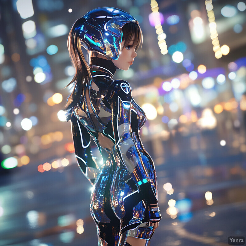 A woman in a futuristic outfit stands against a blurred city backdrop.