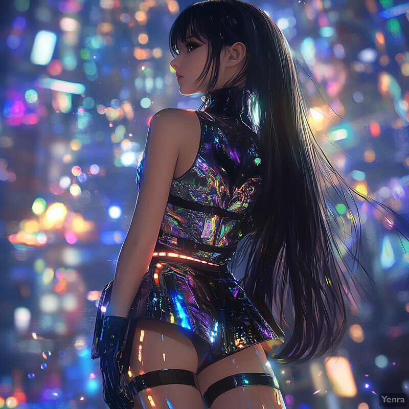 A woman in a metallic outfit stands in front of a city skyline at night