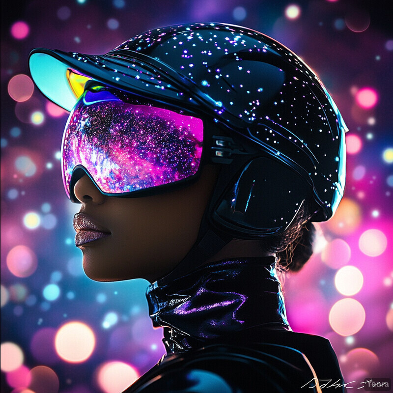 A woman wearing a helmet and goggles with a futuristic design.