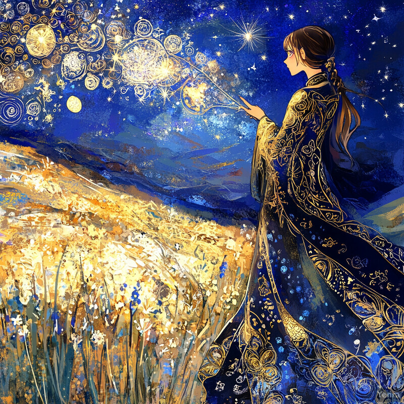 A woman stands in a field of flowers under a star-filled sky, using magic or spell-casting.