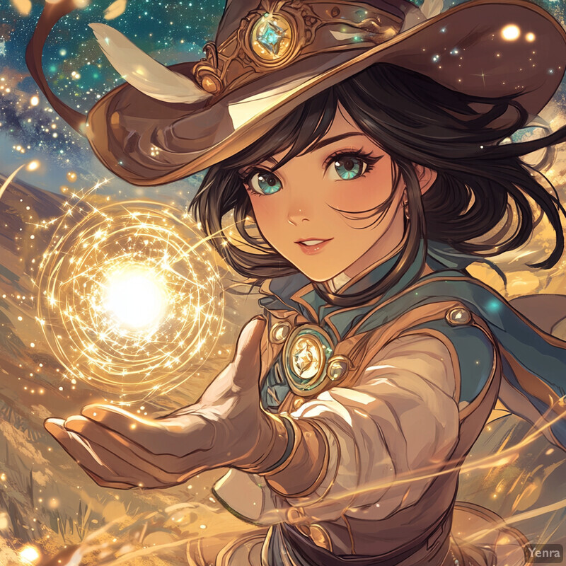 A young woman with long black hair and blue eyes, wearing a brown hat and white shirt, extends her hand as if casting a spell against a starry night sky background.