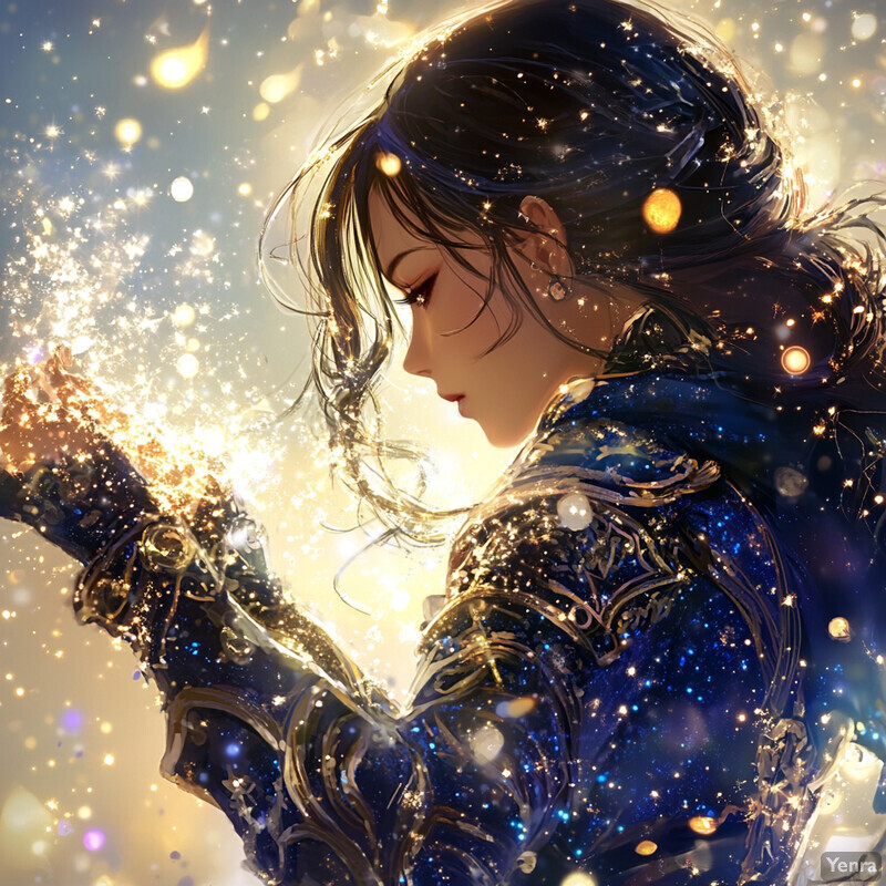 A woman with dark hair and a blue outfit surrounded by a radiant aura of light, emitting golden sparks from her right hand.