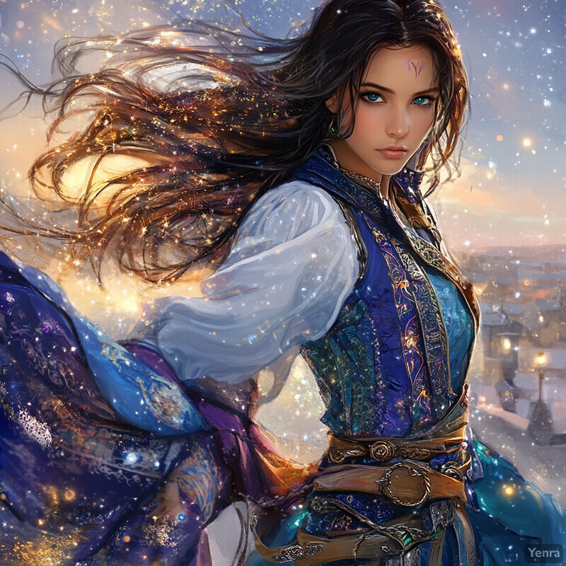 A woman with long dark hair and blue eyes, dressed in an elaborate outfit, stands outdoors against a blurred urban background, exuding mystique and power.