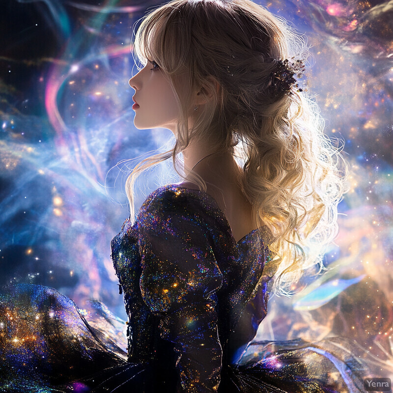 A serene and contemplative scene featuring a woman in a sparkling blue dress against swirling purple clouds.