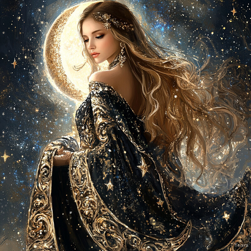 A woman with long hair and a black dress stands in front of a large moon and stars in the sky, exuding an enchanting and magical aura.