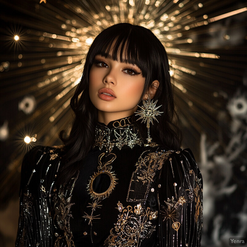 A woman with long dark hair and bangs wears a black dress with gold embroidery, standing in front of a blurred outdoor setting.