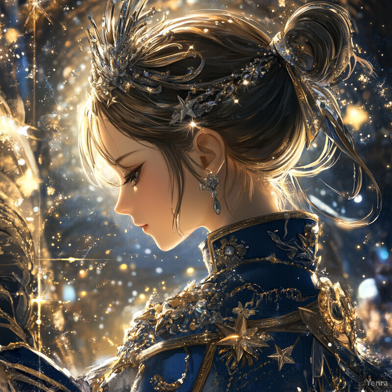 A woman with long brown hair and intricate gold and silver jewelry featuring stars, wearing a high-necked blue top and matching skirt in a luxurious setting.