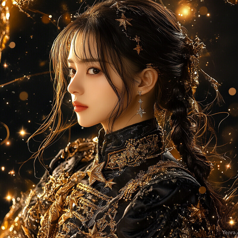 A young woman with long brown hair and fair skin, dressed in an ornate black gown adorned with gold stars, set against a dark background with scattered gold sparkles.