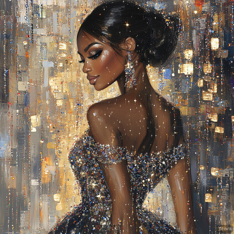 A woman in a black sequined dress stands against an abstract gold and gray background, exuding glamour and sophistication.