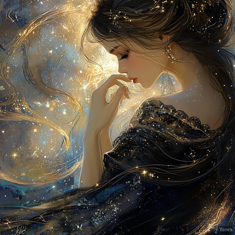 An ethereal woman with long dark hair and a black dress is lost in thought against a swirling cloud background.