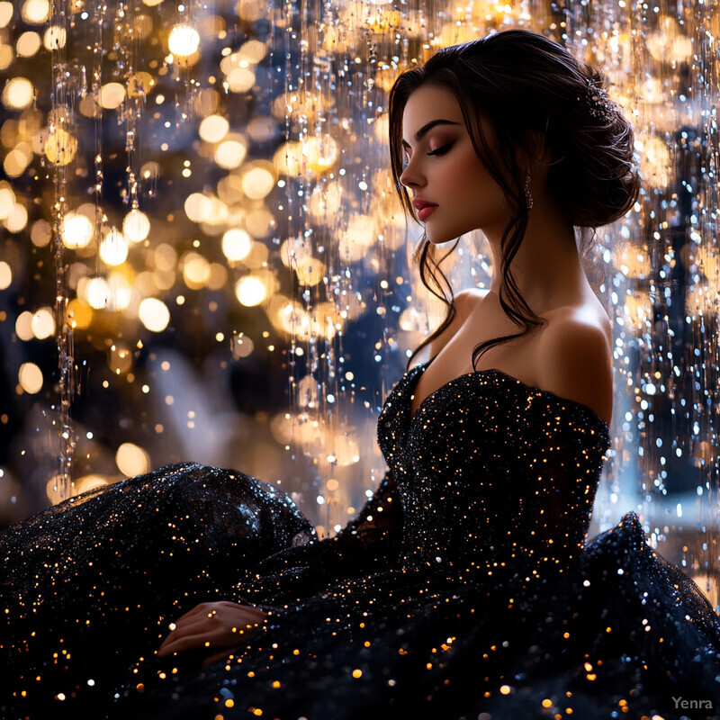 A woman in a black dress with gold sparkles sitting in front of a wall of lights.