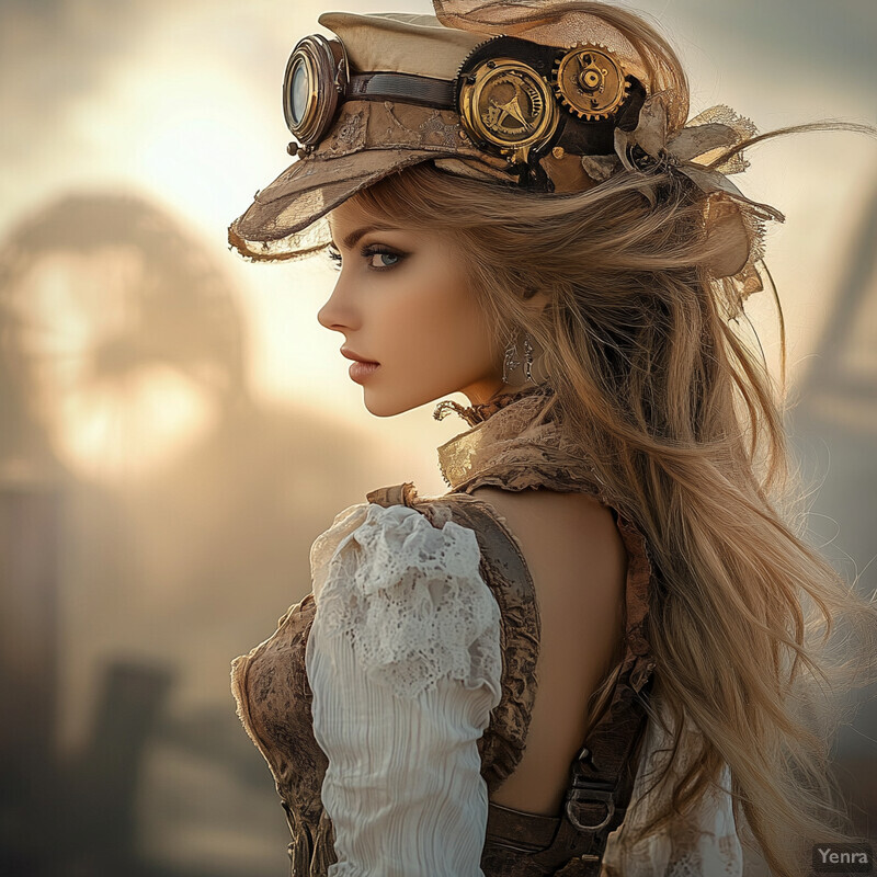 A woman in Steampunk attire with intricate details and accessories.