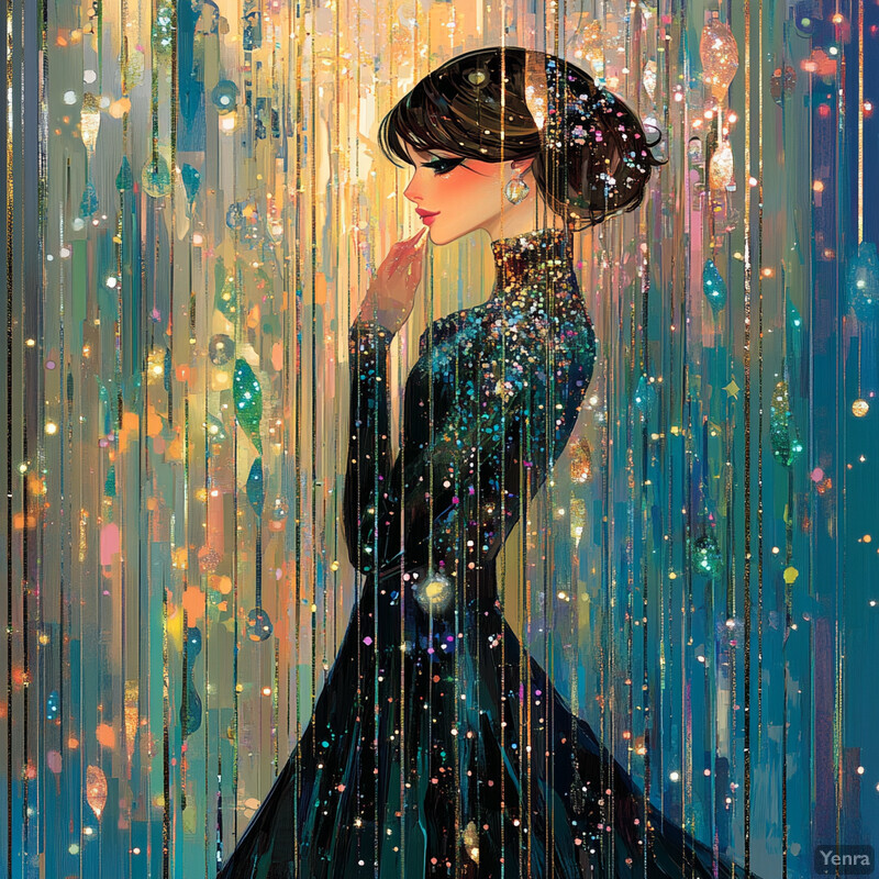 A woman in a black dress with iridescent sequins stands amidst vertical lines that evoke rain or crystal droplets, creating an ethereal ambiance.