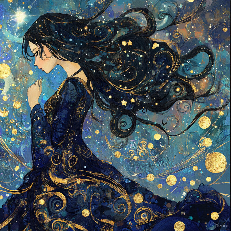 A serene and ethereal depiction of a woman surrounded by swirling clouds and stars.