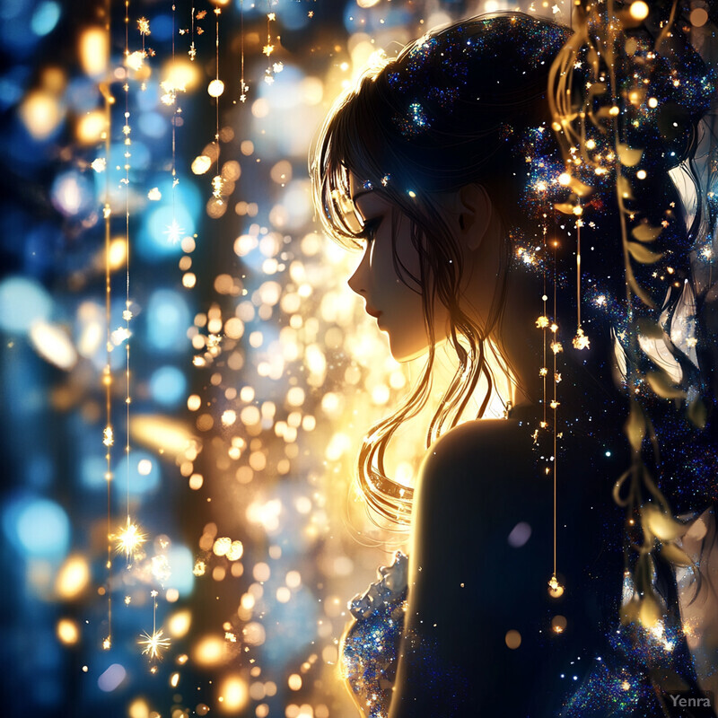 A woman with long hair and a sparkly dress is surrounded by a halo of light, gazing off into the distance.