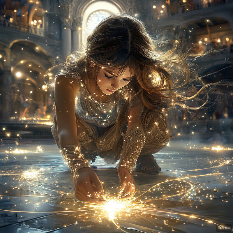 A young woman kneels on a stone floor, surrounded by sparks of light from her hands, dressed in an ornate outfit in a fantasy setting.