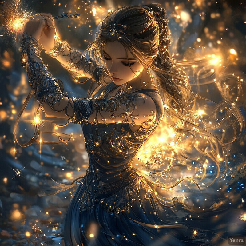 A woman in a dress holds an object, surrounded by a mystical atmosphere.