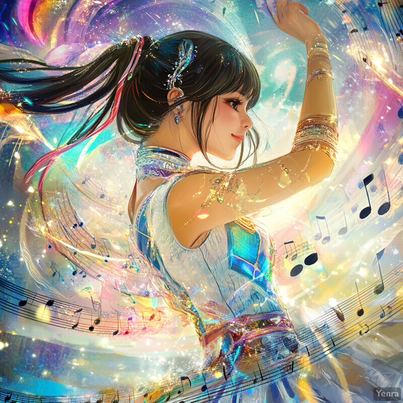 A woman with long black hair and a white sleeveless top surrounded by swirling colors of blue, purple, pink, and yellow.