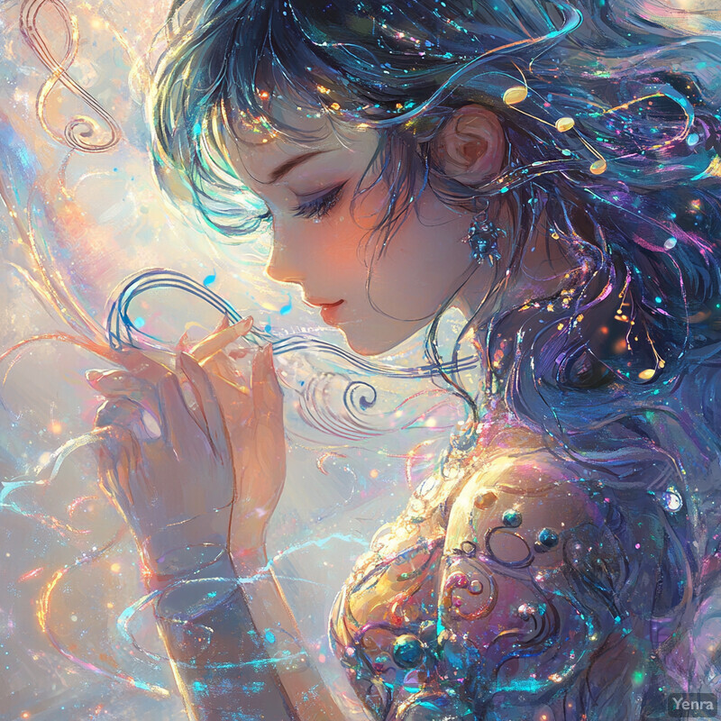 An ethereal woman with blue hair and swirling patterns on her dress, lost in thought or listening to an unheard melody, set against a subtle background that invites immersion into her mystical world.